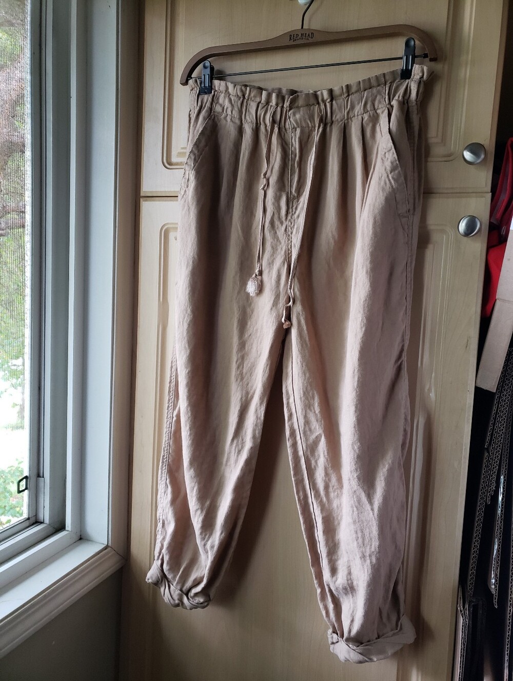 Calvin Klein 100% Linen Tan Drawstring Jogger Pants